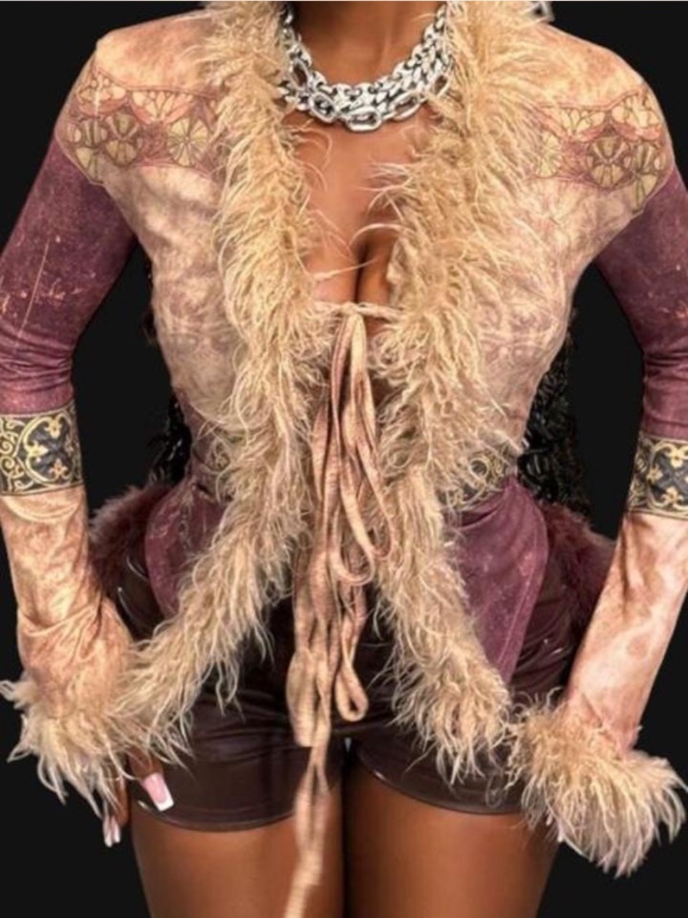 Vintage Y2K vibes Plush Feather-Trim Tie-Front Women's Sweater